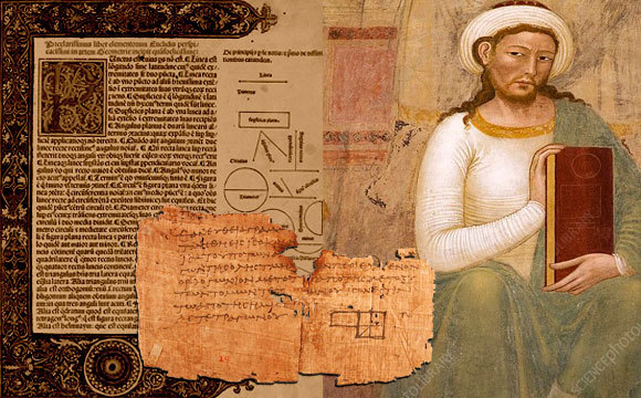 אוקלידס בציור קיר מהמאה ה-14 ומהדורה לטינית של "היסודות" | מקורות: ROYAL ASTRONOMICAL SOCIETY / SHEILA TERRY / SCIENCE PHOTO LIBRARY