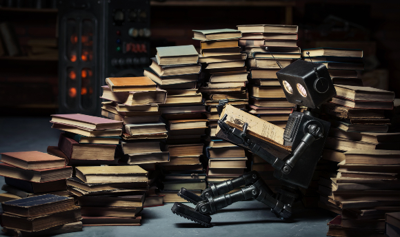 מודלי שפה גדולים מאומנים על טקסט רב, שמאפשר להם לחזות בסבירות גבוהה את החלק הבא של כל משפט. רובוט קורא ספרים | איור: Vasilyev Alexandr, Shutterstock