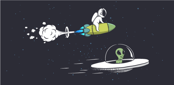 חוצן ירוק ואסטרונאוט מתחרים | איור: galacticus, Shutterstock