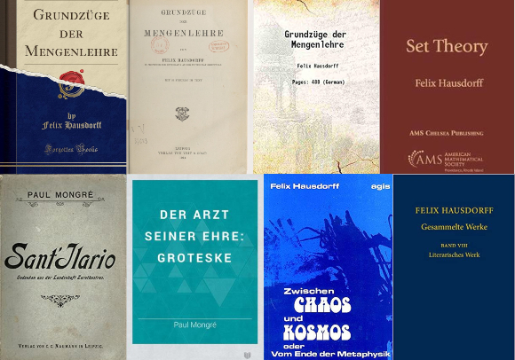מהדורות של הספר על תורת הקבוצות (למעלה) בגרמנית ובאנגלית, וכריכות ספרים בנושאי ספרות ופילוסופיה שכתב בשמו ובשם העט פול מונגרה 
