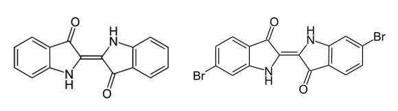 הקרינה העל-סגולה מהשמש מסלקת את אטומי הברום במולקולה השמאלית ויוצרת אינדיגו | מקורות: Xplus1, Yikrazuul, ויקיפדיה