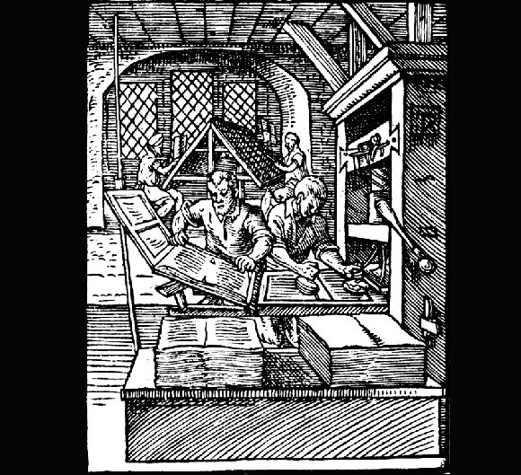 ציור משנת 1568 של מכבש דפוס מעץ, בעל הספק של עד 240 דפים בשעה | ויקיפדיה, אמן: יוסט אמאן (Amman)