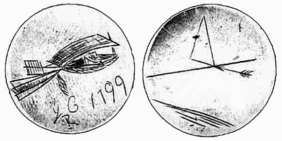 רעיון פורץ דרך. תרשים של אבטיפוס לכלי טיס בעל כנף קבועה וזנב שפיתח קיילי ב-1799 וחקק על דיסק מתכת. מצידו השני תרשים של סכמת הכוחות הפועלים על כלי טיס | נחלת הכלל