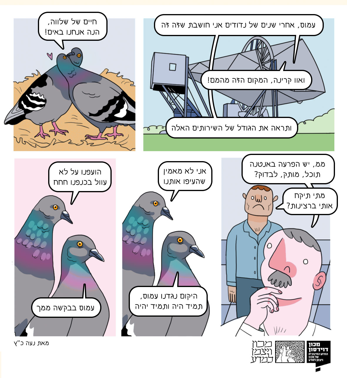 כמו זוג יונים 2: פרשנות של המאיירת נעה כ"ץ לסיפור הגילוי של קרינת הרקע הקוסמית: