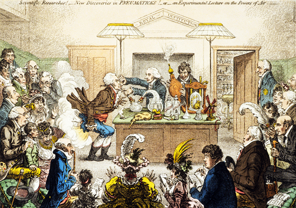 הגז והצחוק. קריקטורה של דייוי (מחזיק מפוח) בהרצאה על גזים במכון המלכותי | מקור: Science Photo Library