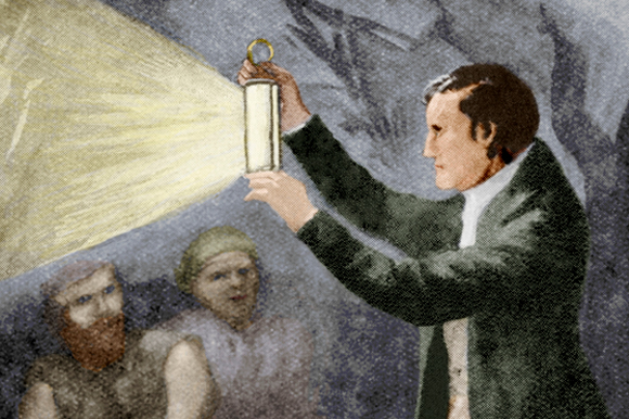 אור בטיחותי. ציור של דייוי מדגים לעובדים במכרה פחם את המנורה שפיתח | מקור: Science Photo Library