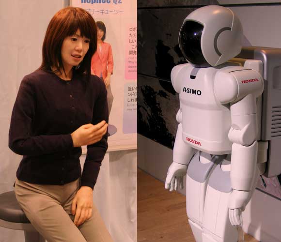 הרובוט אסימו דמוי האדם (מימין) נראה לנו חמוד, אבל הרובוטית ריפלי מרתיעה רבים בגלל נסיון להיות דומה מדי | צילומים: ויקיפדיה