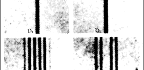 קווי הספקטרום של נתרן שצילם זיימן ב-1896, בלי שדה מגנטי (למעלה) ובנוכחות השדה). מקור: ויקיפדיה, נחלת הכלל
