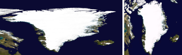 מימין - גרינלנד כפי שהיא נראית בצילום מלמעלה, משמאל - גרינלנד בהיטל שווה מלבנים | NASA