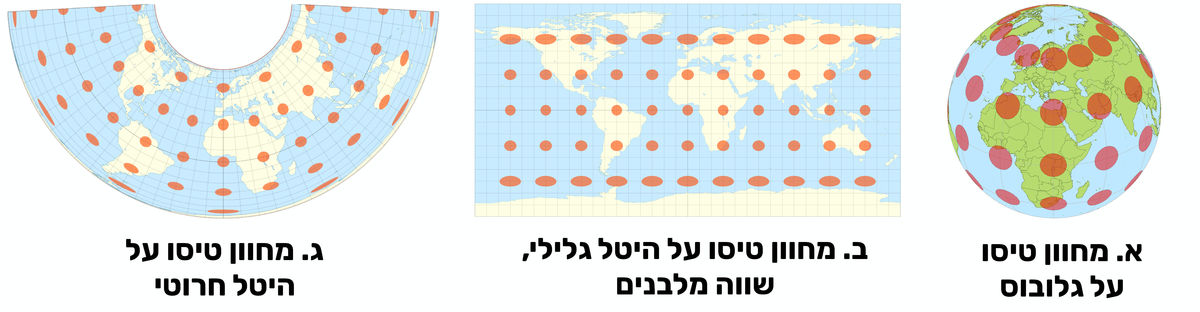 מחוון טיסו מאפשר להשוות בין היטל גלילי (ב) להיטל חרוטי (ג) ולראות את מידת העיוות היחסי במיפוי אזורים שונים | ויקיפדיה, Justin Kunimune, Eric Gaba-Sting, Stefan Kühn