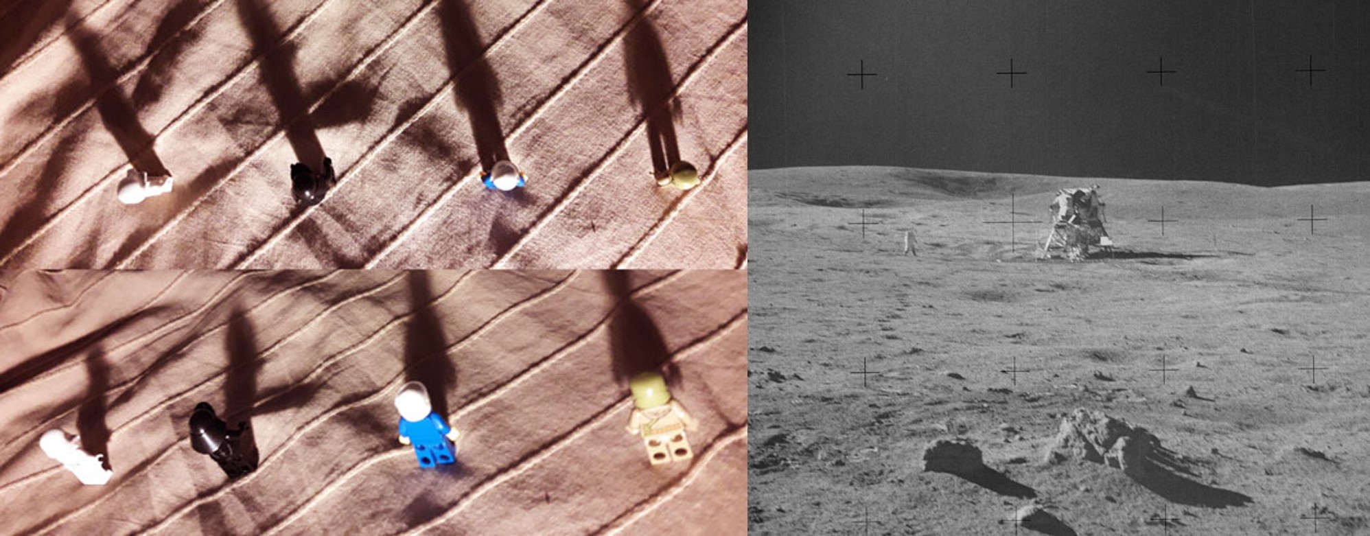 צל רכב הנחיתה נראה בכיוון אחר מצל הסלעים. אנשי הלגו ממחישים כמה הזווית והטופוגרפיה יכולים להטעות | NASA, איתי נבו