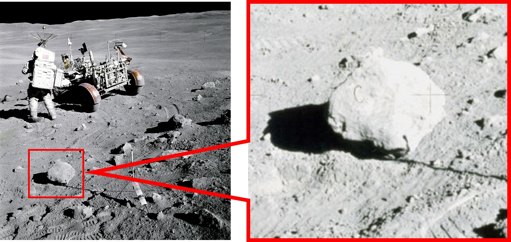 לא אביזר במה, אלא סלע ירח אותנטי, ככל הנראה בליווי שערה שהשתרבבה לאחד משלבי הפיתוח | צילום: NASA