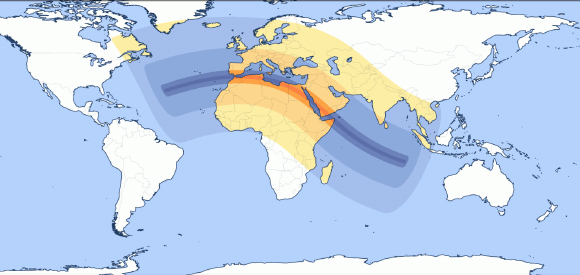 הליקוי המלא ייראה רק מהרצועה המרכזית, העוברת בין השאר במצרים ובים סוף. האזורים בצבעים הבהירים יותר יראו ליקוי חלקי | איור מתוך אתר timeanddate.com