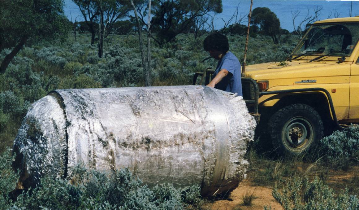שרידים רבים התפזרו במערב אוסטרליה. תושבת אספרנס בוחנת חלק מהתחנה שנפל בשטח החלקאי שלה | צילום: Esperance Museum