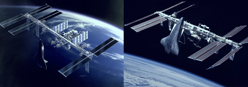 מצא את ההבדלים. תכנית של תחנת החלל Freedom (משמאל) וצילום של תחנת החלל הבינלאומית | מקור: NASA
