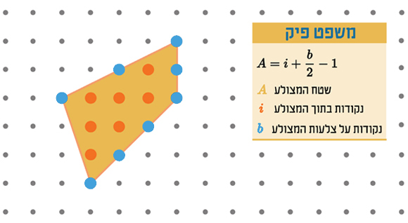 במקרה זה יש שמונה נקודות על צלעות המצולע (b) ושבע בתוכו (i), לכן השטח הוא 10 יחידות | איור: מריה גורוחובסקי