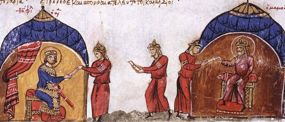 החלפת ידע. החליף אל מאמון שולח שליח אל הקיסר הביזנטי תיאופילוס, ציור מהמאה ה-13 | מקור: ויקיפדיה, נחלת הכלל