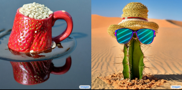 מונה של כוס קפה עשויה מתות ושל קקטוס עם כובע קש ומשקפי שמש, שיצרה אימג'ן