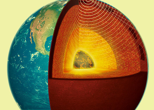 מעקב אחר הגלים שנוצרים ברעידת אדמה מאפשר למפות אזורים בפנים כדור הארץ, כמו הכתמים מתחת לקרום בצד ימין של התמונה | איור: CLAUS LUNAU / SCIENCE PHOTO LIBRARY