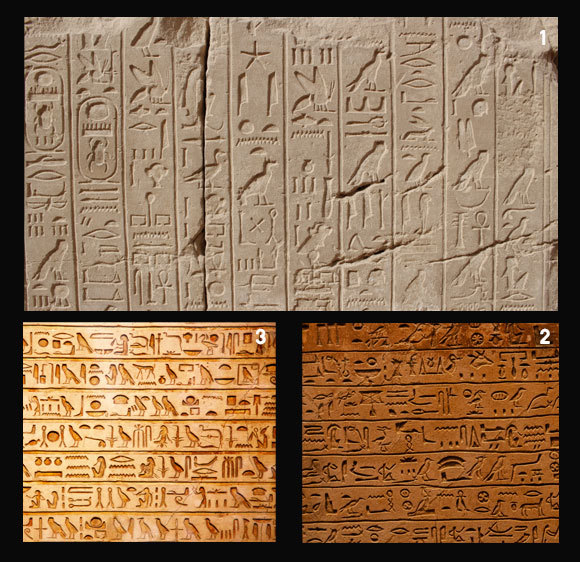 1. הירוגליפים כתובים בטורים אנכיים, בעמק המלכים במצריים; 2. הסמלים פונים ימינה, הקריאה משמאל לימין; 3. סמלים פונים שמאלה, הקריאה משמאל לימין | Shutterstock, Luke Klingensmith, Fedor Selivanov, Dudareva1386