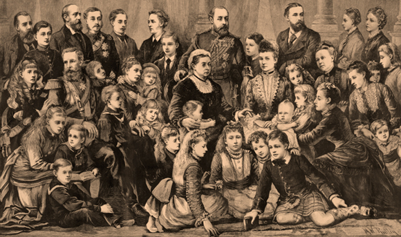 מלכת בריטניה ויקטוריה בשנות ה-70 של המאה ה-19 עם תשעת ילדיה, ששה חתנים וכלות ו-23 נכדיה | מקור: Science Photo Library
