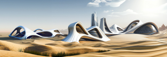 תמונה שהפיקה דאלי 2 בתגובה לבקשה "בניינים במדבר בסגנון האדריכלית זהא חדיד"