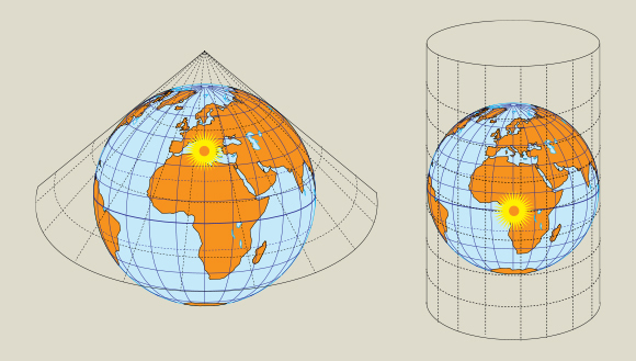 משמאל: ההיטל של תלמי, אל חרוט המשיק לקו רוחב צפוני יחסית, כפי שנראה בעיגול הצהוב. מימין: ההיטל של מרינוס אל גליל המשיק לקו המשווה | Shutterstock, Emir Kaan