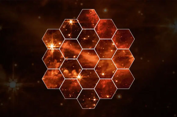  תמונה ראשונית של גלקסיית הענן המגלני הגדול שצילם טלסקופ וב, עם תרשים המשושים שמהם מורכבת המראה הראשית שלו | מקור:  NASA/ESA/CSA/STSCIESA