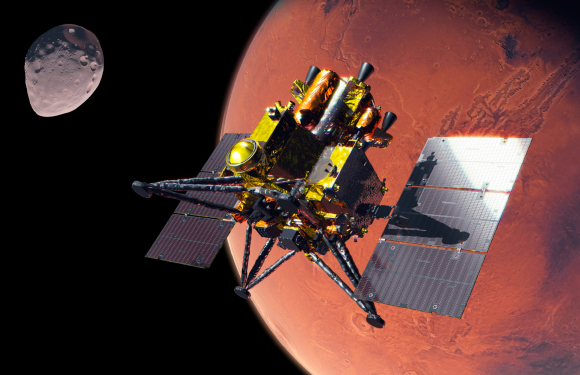 הדמיה של החללית היפנית MMX במסלול סביב מאדים, עם הירח פובוס ברקע | מקור: מאמר המחקר