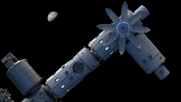 מבט מלמטה על תחנת החלל המתוכננת, עם הירח ברקע | הדמיה: Axiom Space