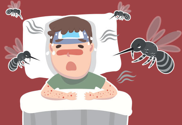 איור של איש חולה ומסביבו יתושים | nekoztudio, Shutterstock
