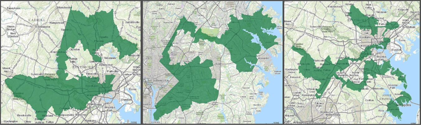 , 4 ו-7 במדינת מרילנד. הסלמנדרה של אלברידג׳ ג׳רי מחווירה אל מול היצירות הפרקטליות הללו | מקור: ויקיפדיה, נחלת הכלל