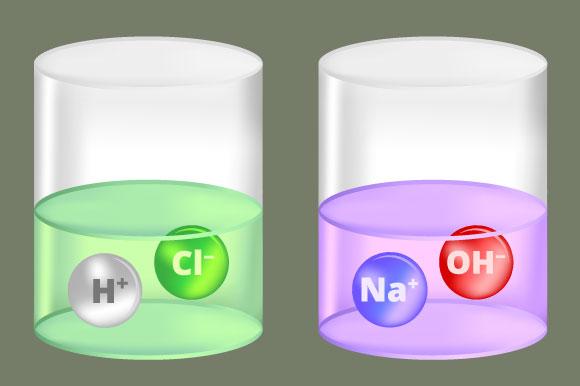 החומצה (משמאל) פולטת יון מימן והבסיס (מימין) קולט יון מימן, או פולט יון OH לפי ההגדה הישנה | איור: petrroudny43, Shutterstock