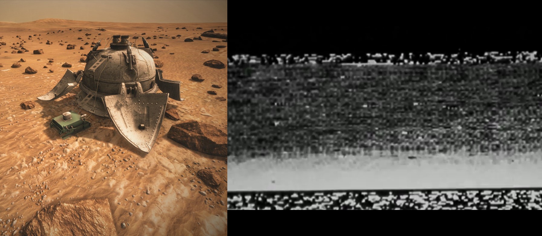הצלחה קצרה. הדמיה של החללית מרס 3 וחלק התמונה המטושטשת שהיא הספיקה להעביר | מקור: ויקיפדיה