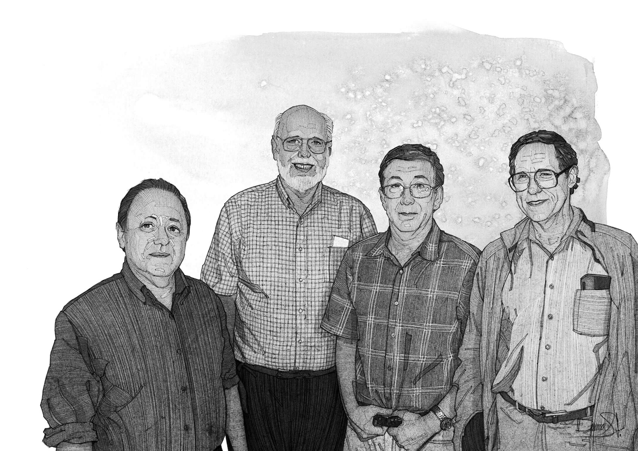 איור כוח ההצלה (משמאל לימין): המתמטיקאים רונלד סולומון, ריצ'רד לַיוֹנְס, מייקל אַשְבַּכֶר וסטיבן ד' סמית' חוששים שאם לא ידאגו לגרסה מלוטשת של ההוכחה המפוזרת של "המשפט הענק", הם עלולים להיות האנשים האחרונים שמבינים אותה. קרדיט: סטאברוס דאמוס | Scientific American