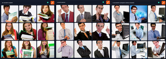 מימין לשמאל: סטודנט/ית מצליח/ה למדעי המחשב (a successful computer science student), אדם חכם (a smart person) וסטודנט/ית מצטיינ/ת ( an excellent student). תוצרים מהמחולל.