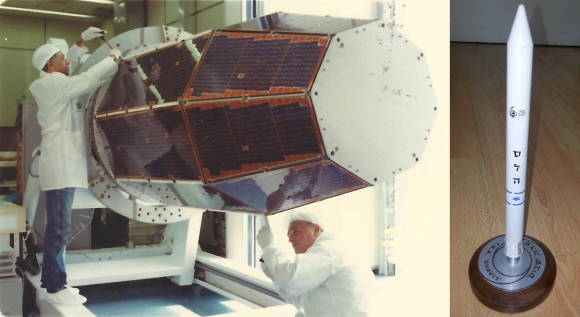 צילום נדיר של אופק-1 בשלב ההרכבה (משמאל), ודגם שולחני של משגר "שביט" שהכין ד"ר עוזי רובין לוועדת יותם | צילומים: טל ענבר, התעשייה האווירית