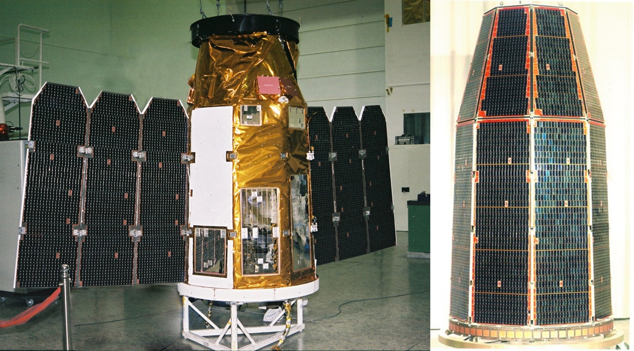 אופק 1 (מימין) ואופק 5: את קולטי השמש הצמודים לגוף הלוויין הנסיוני החליפו קולטים על גבי "כנפיים" נפרשות | צילומים: משרד הביטחון, התעשייה האווירית, אוסף טל ענבר