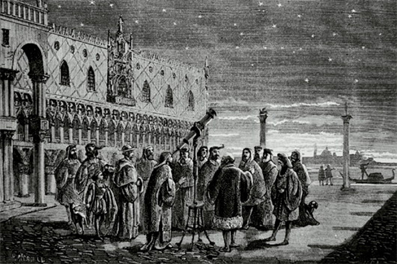 גלילאו מדגים את את הטלסקופ שלו לנכבדי ונציה ב-1609 | מקור: SCIENCE PHOTO LIBRARY