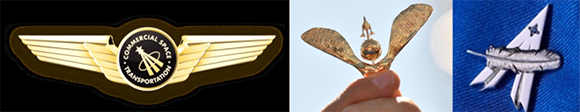 כנפי אסטרונאוטים (מסחריים) רשמיות מטעם ה-FAA, סיכת האסטרונאוט שמחלקת לנוסעיה וירג'ין גלקטיק, וזו של בלו אוריג'ין