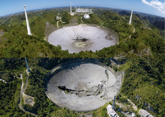 טלסקופ ארסיבו כשהיה פעיל (למעלה) ולאחר הקריסה | צילומים: DAVID PARKER / SCIENCE PHOTO LIBRARY, estadespr, Shutterstock