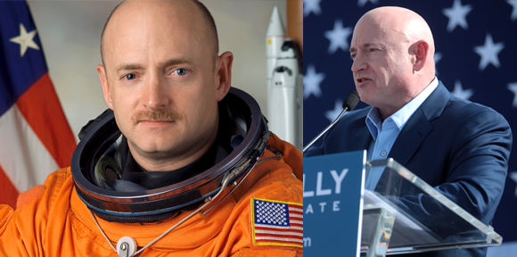 קלי בחליפת חלל ובעצרת בחירות בעיר פניקס | צילומים: נאס"א, Gage Skidmore, ויקיפדיה