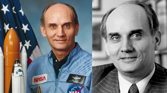 הסנאטור ג'ייק גארן בחליפת הקונגרס ובחליפת החלל | צילומים: נאס"א, ויקיפדיה, נחלת הכלל