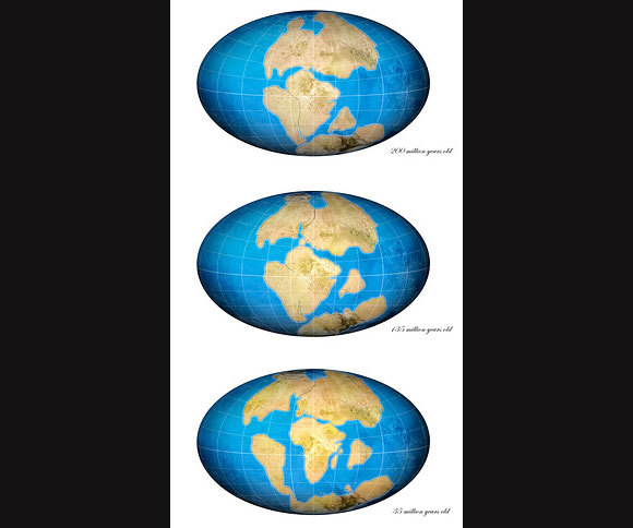 מפות של כדור הארץ מלפני 200 מיליון, 135 מיליון ו-35 מיליון שנים מראות את התפרקותה של פנגיאה | Claus Lunau, Science Photo Library