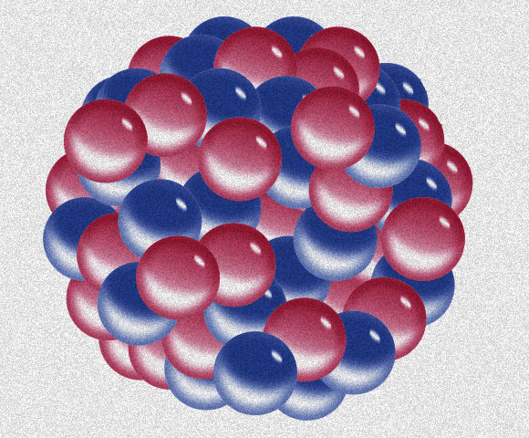 פרוטונים (אדום) וניטרונים (כחול) בגרעין אטום | איור: Inductiveload, ויקפדיה, נחלת הכלל