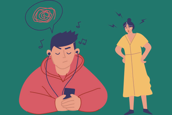 נער מקשיב למוזיקה ולא לאימא | איור: AnastasiaNi, Shutterstock