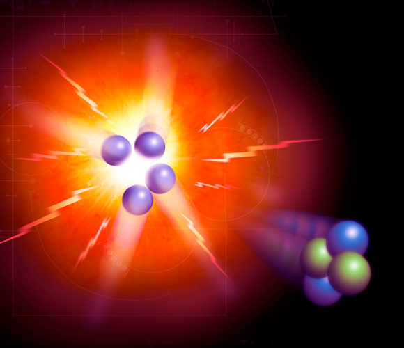 היתוך גרעיני: ארבעה אטומי מימן יוצרים בסופו של דבר אטום הליום אחד, והרבה אנרגיה | איור: Science Photo Library