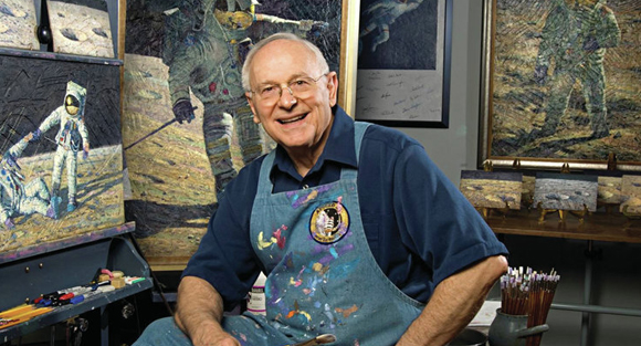 השתמש באבק מהירח ובחליפות חלל גרוסות כדי לתת מרקם ייחודי לציוריו. בין בסטודיו שלו | מקור: ויקיפדיה, נחלת הכלל