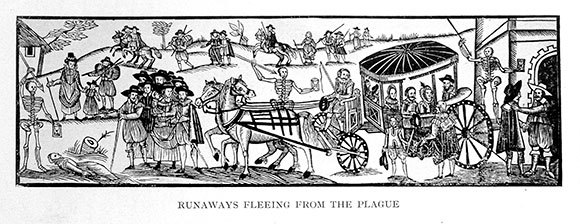 הדפס עץ המראה שאנשים שמפרים הסגר ובורחים מאחד הגלים האחרונים של מגפת הדבר, סביב המאה ה-17 בלונדון, מביאים עימם את המגפה | מתוך: The plague in Shakespeare's London / by F.P. Wilson, מקור: Wellcome Collection, ויקיפדיה