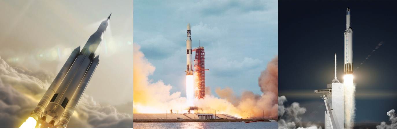 הטילים הגדולים: השיגור האחרון של סטורן-5 (במרכז), והדמיות של Falcon Heavy (מימין) ו-SLS | צילומים: Science Photo Library